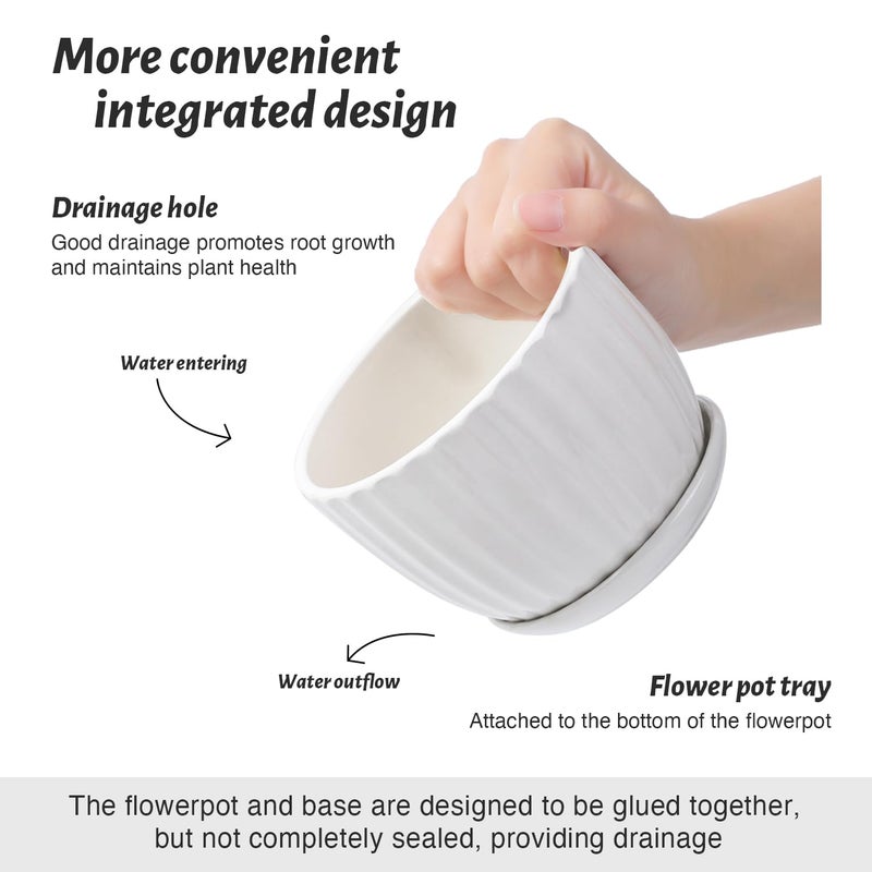 STHIE Ceramic Plant Pots with Drainage Holes and Saucers  Round White Flower Pots for Indoor Plant  Diameter 3.3/4.3/5.5 Inches Small Flower Planters Set of 3 - Image 2